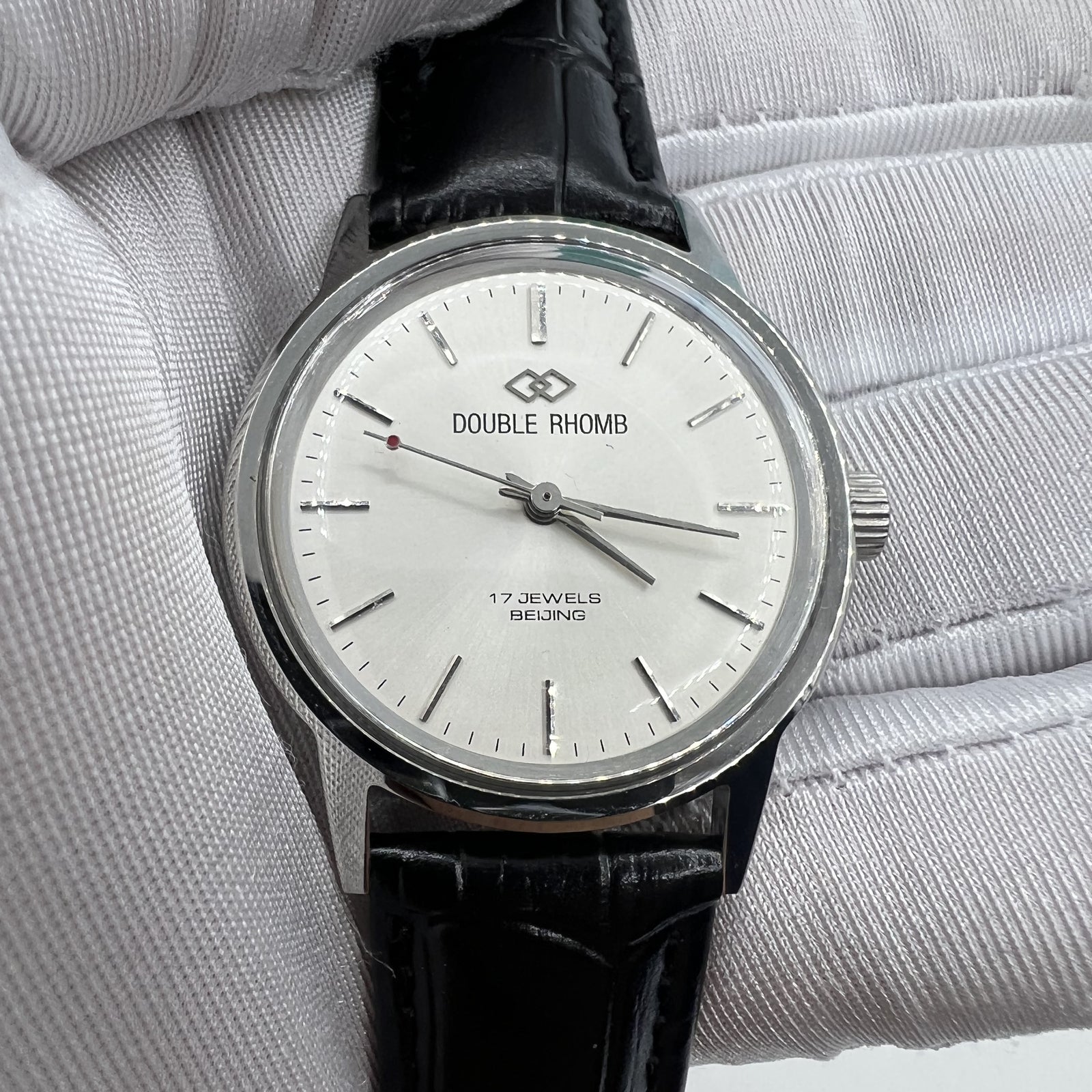 Beijing 36mm Double Rhomb watch with silver case, manual movement, and silver hour markers for classic style.
