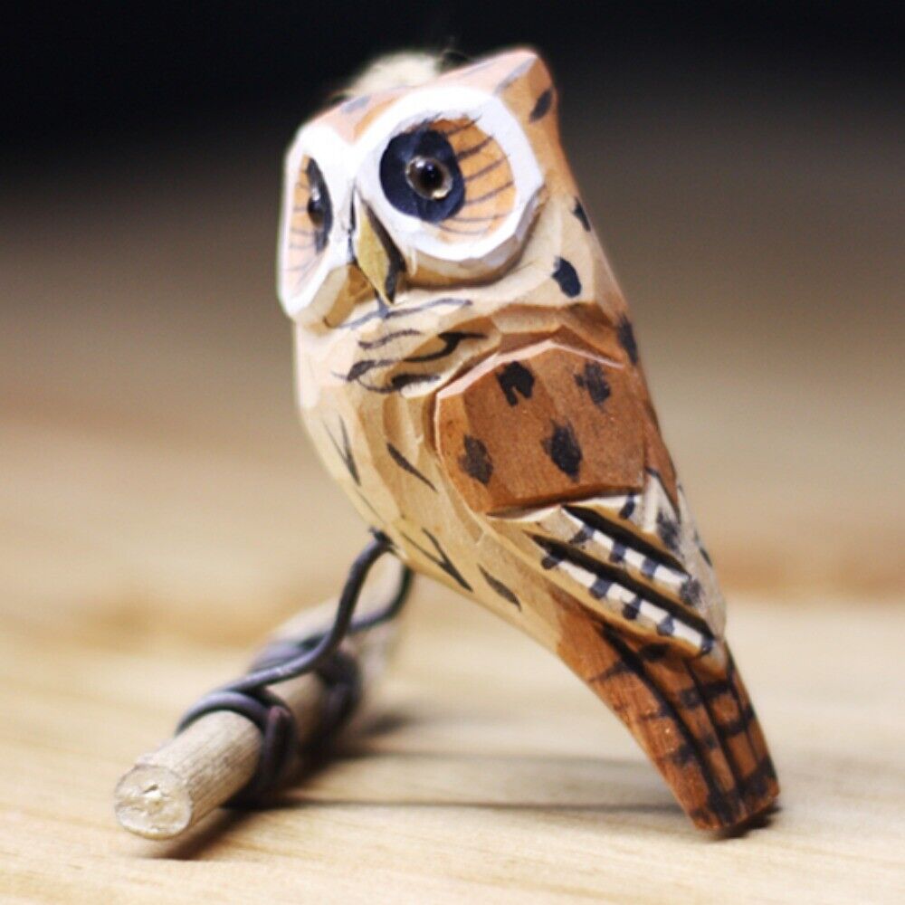 Brown owl wooden figurine sculpture by Handmade, charming decor for cozy living spaces.