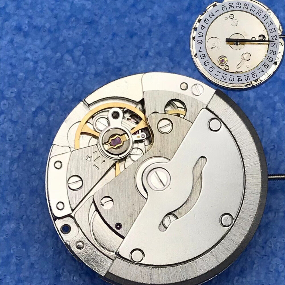 Close-up of Chinese Tianjin T16 Silver automatic mechanical watch movement, compatible with 8200 series, precision engineered.