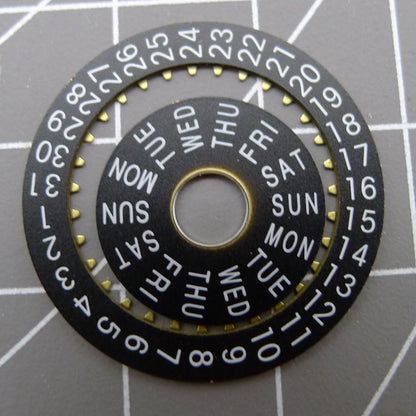 Pilot black date disk wheel and week wheel compatible with China Made Dandong 7750 movement for watch repairs and customization.