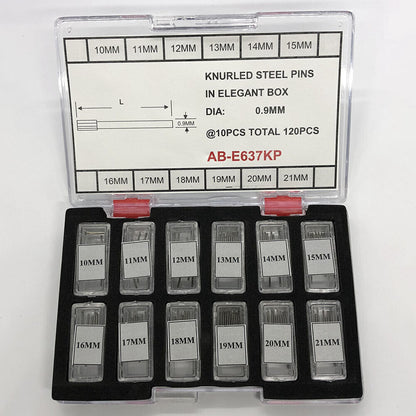 Goupilles moletées en acier dans une élégante boîte, dimensions de 10 à 21 mm, diamètre : 0,9 mm, 120 pièces/boîte