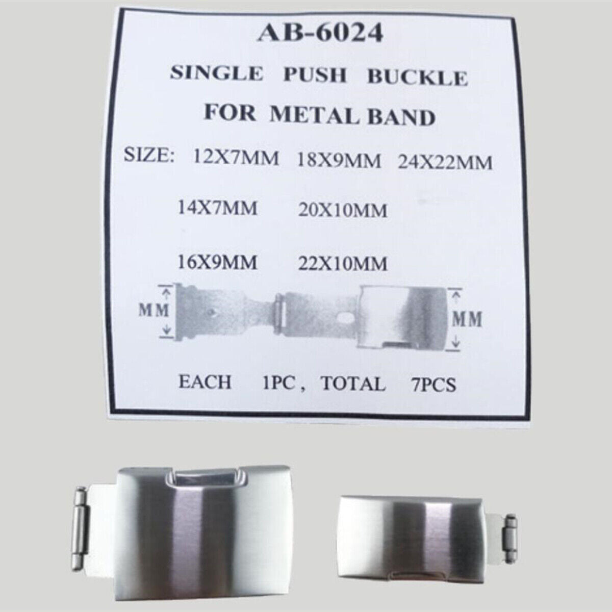 1. Set of 7 Metan single push watch buckles in various sizes for watch band replacement.  