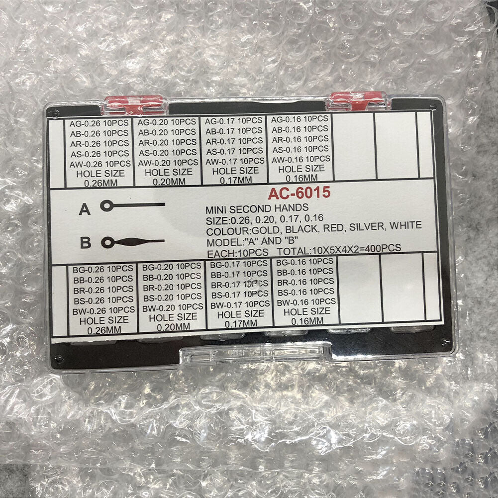 Mini second hands with 0.16-0.26mm hole, multicolor, 2 designs, 400pcs, ideal for watch repair.