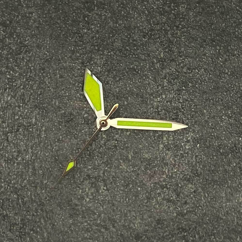 Vintage diamond-shaped watch hands with orange and green lume, silver trim for NH35/NH36.