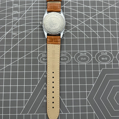 TAIHANG 38mm mechanical watch with silver dial, golden hour markers, and 17 jewel round case movement.