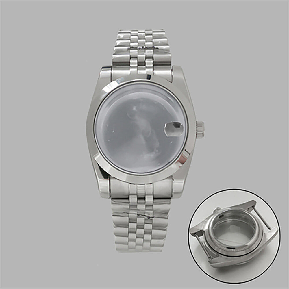 36mm stainless steel watch case and strap with transparent calendar window, compatible with NH35/36 movements.