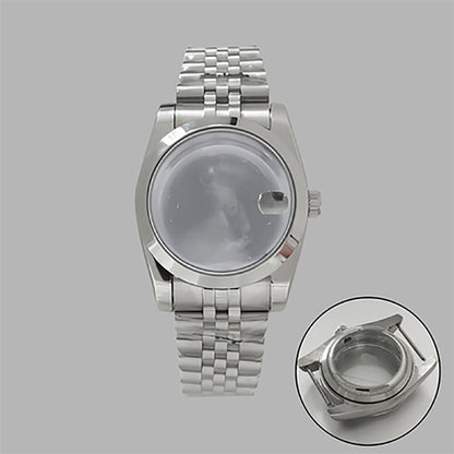 36mm stainless steel watch case and strap with transparent calendar window, compatible with NH35/36 movements.