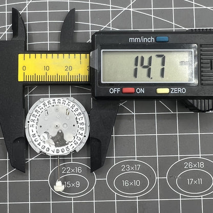 Sunon PE70 watch movement showing 3 hands, date at 3 o?clock, and small seconds at 3, 6, and 9 positions.