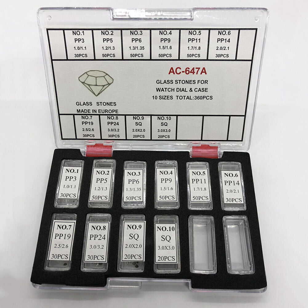 AC-647A glass stones set, 10 sizes with 360 pieces for watch dials, perfect for stylish watch customization.