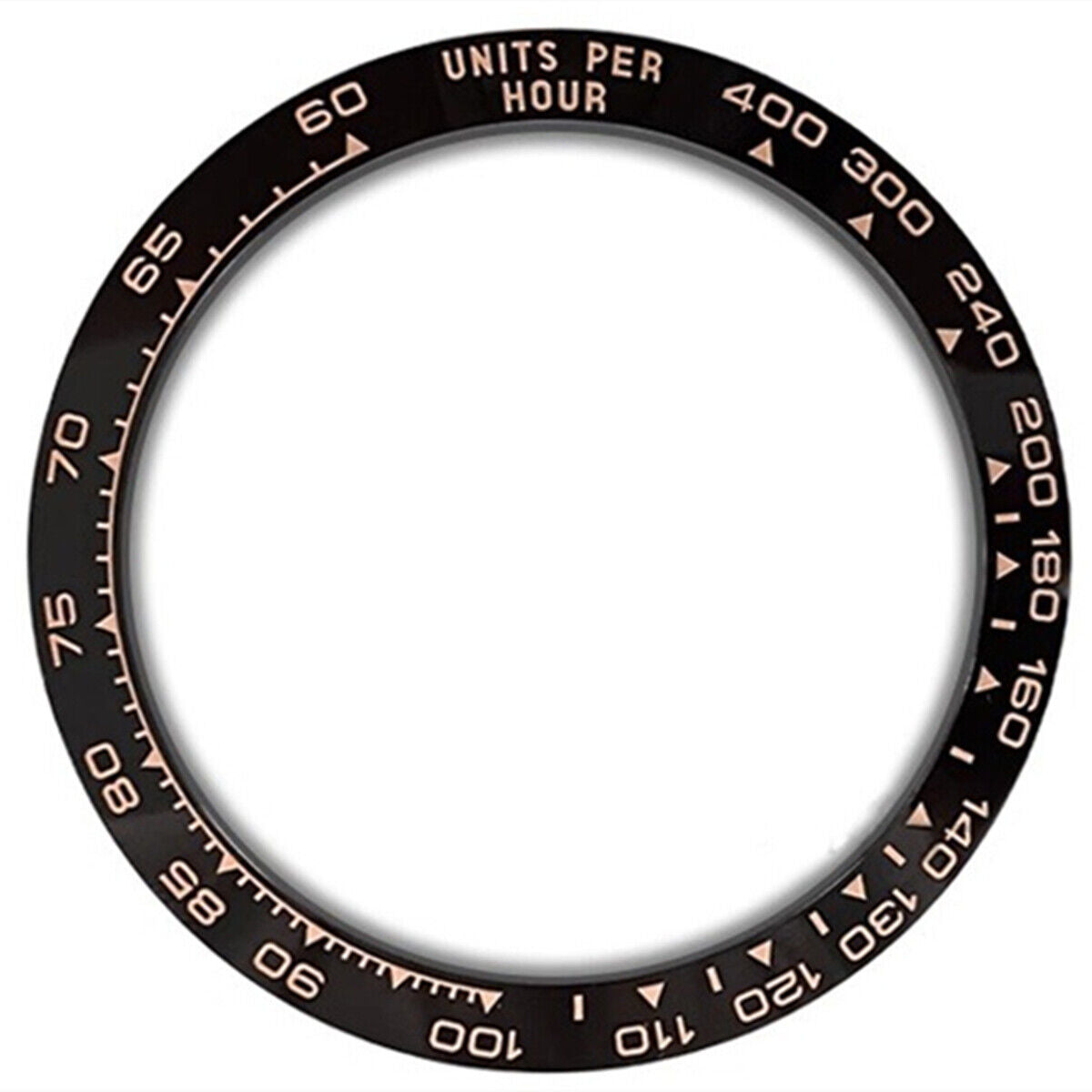 Ceramic black bezel with rose gold font for Daytona watch, 37.65x30.7mm, premium accessory.