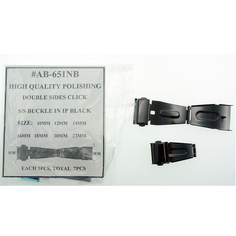 7-piece double-sided stainless steel buckle in IP black finish, polished for premium watch accessory.