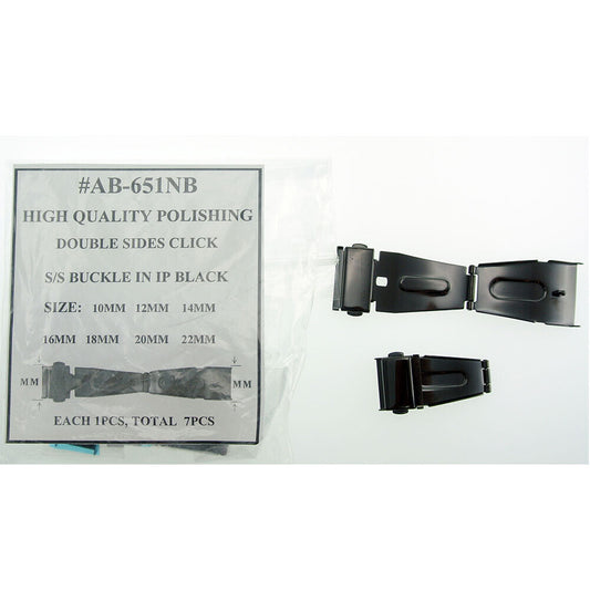 7-piece double-sided stainless steel buckle in IP black finish, polished for premium watch accessory.