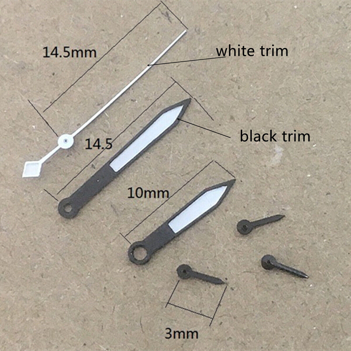 Black and silver trimmed white watch hands for VD53 VD54 VD57 movements, precision-crafted.