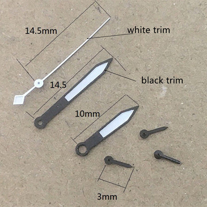 Black and silver trimmed white watch hands for VD53 VD54 VD57 movements, precision-crafted.