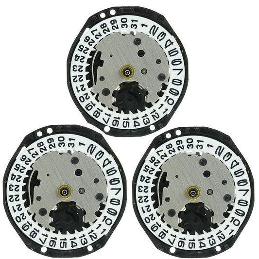 Set of 3 Hattori Epson PC22 quartz watch movements with date display at 3 and 6 o?clock, Japan made.