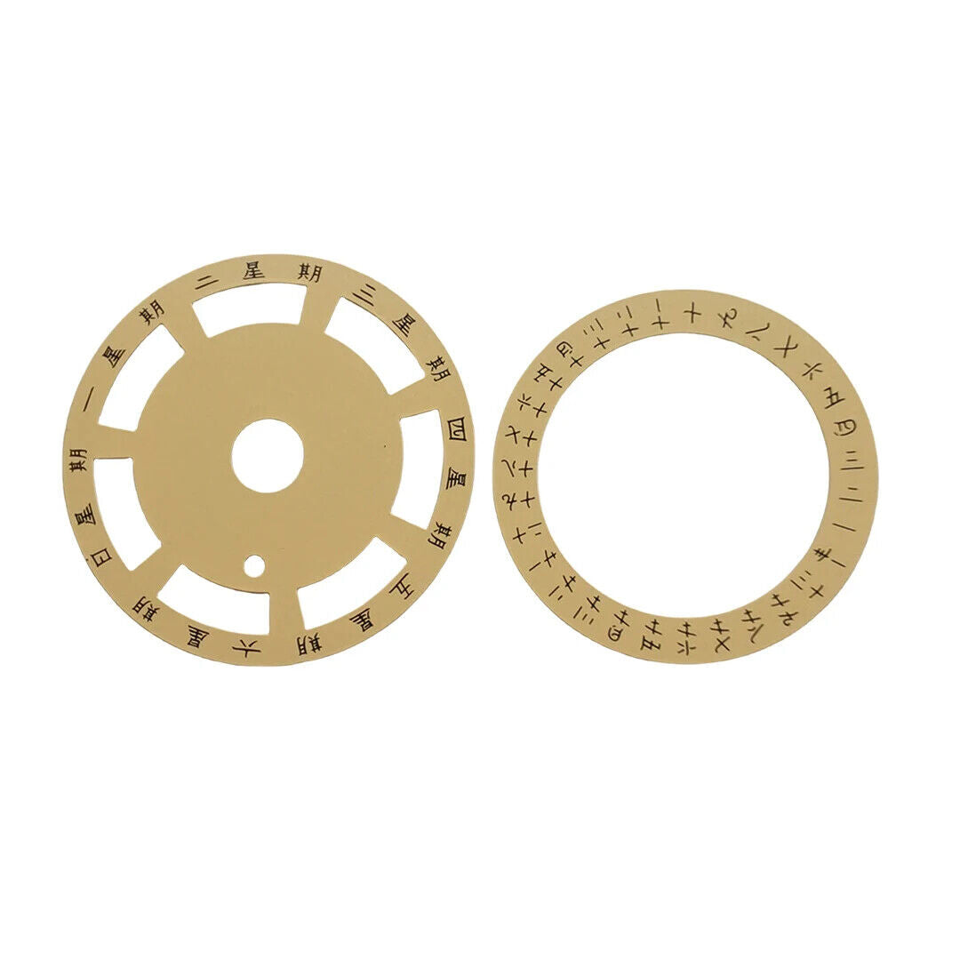 Golden vintage font date and week disk overlay for ETA 2834 watch movement, classic watch accessory detail