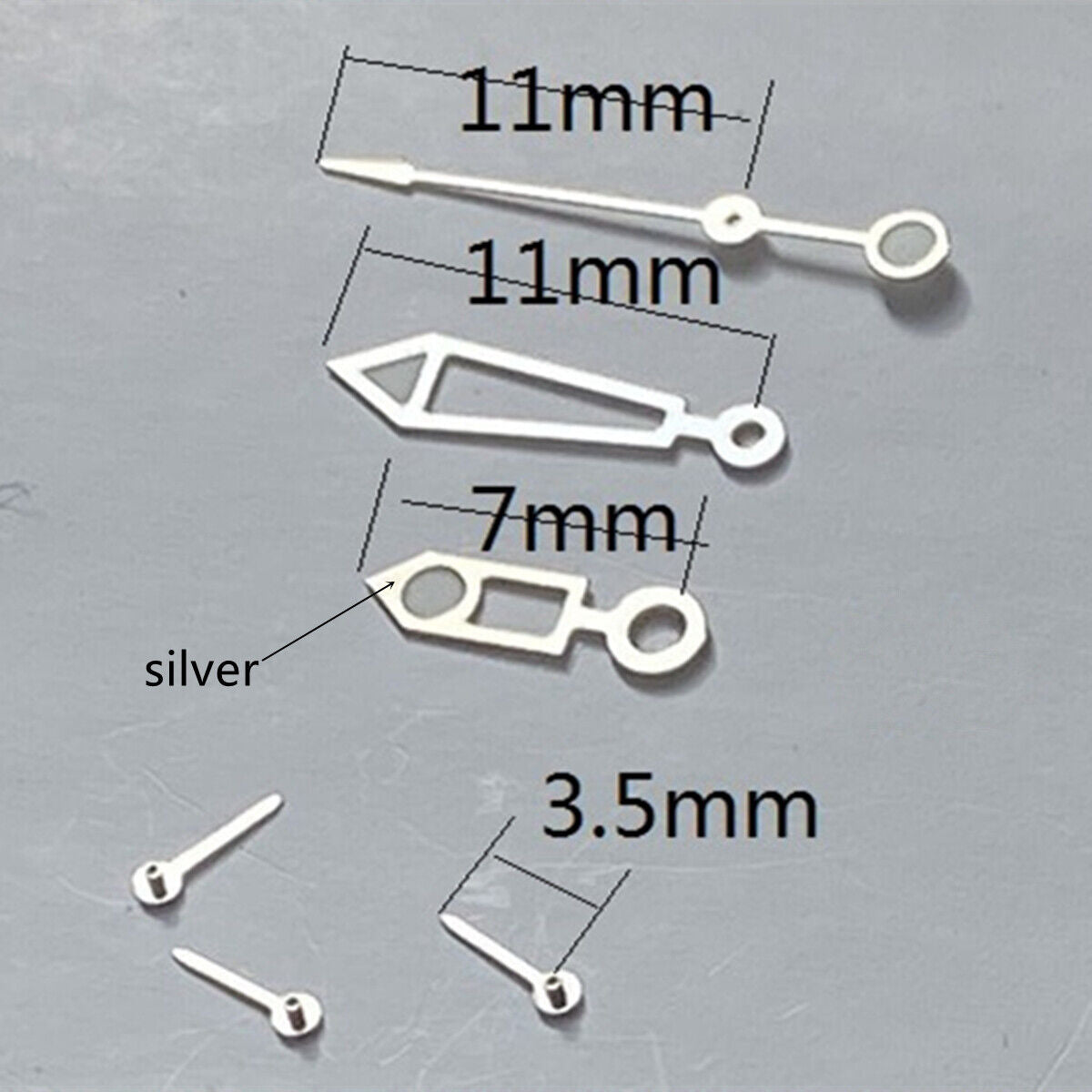 11mm silver trim lume hollow watch hands for Miyota OS series with luminous tips, precise fit.