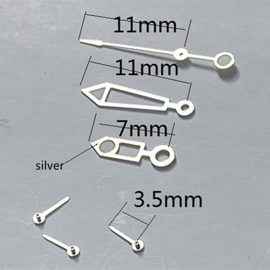 11mm silver trim lume hollow watch hands for Miyota OS series with luminous tips, precise fit.