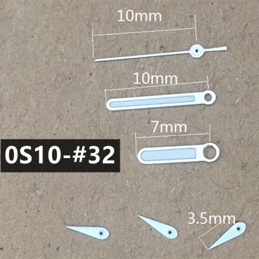 Silver-trimmed green luminous watch hands, 10mm size, ideal for Miyota 0S10 movement.