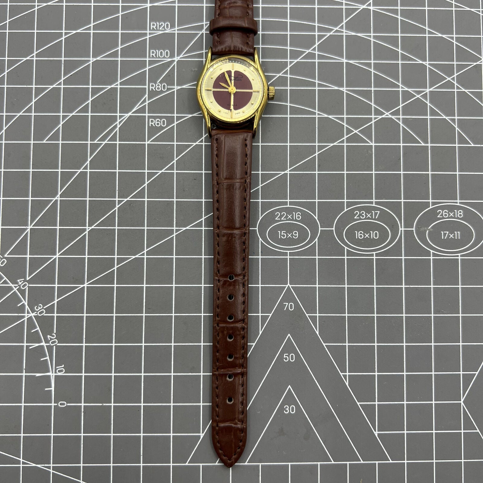 Elegant 26mm Liaocheng TAISHAN lady watch with brown leather strap, 19 jewels, and golden nail markers.