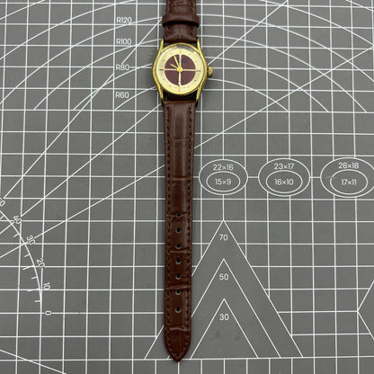 Elegant 26mm Liaocheng TAISHAN lady watch with brown leather strap, 19 jewels, and golden nail markers.