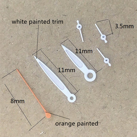 Aiguilles de montre luminescentes vertes peintes en orange et blanc de 11 mm pour mouvement VD53, VD54 et VD57