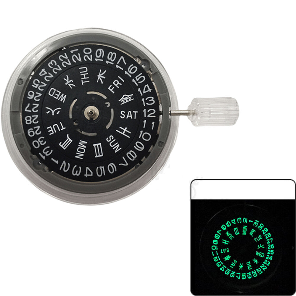 Seiko NH36A automatic watch movement with black finish and green luminescent markers, crown at 3:80 position.