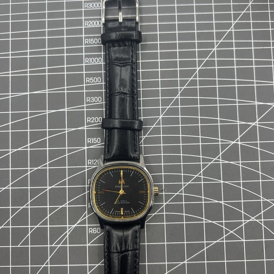Shanghai Factory 34mm manual mechanical watch with black dial, 19 jewels, and shock-resistant design.