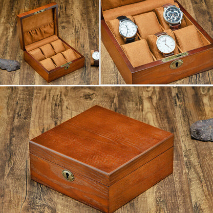 Wood watch box organizer, 6 slots for elegant storage and display of watches.