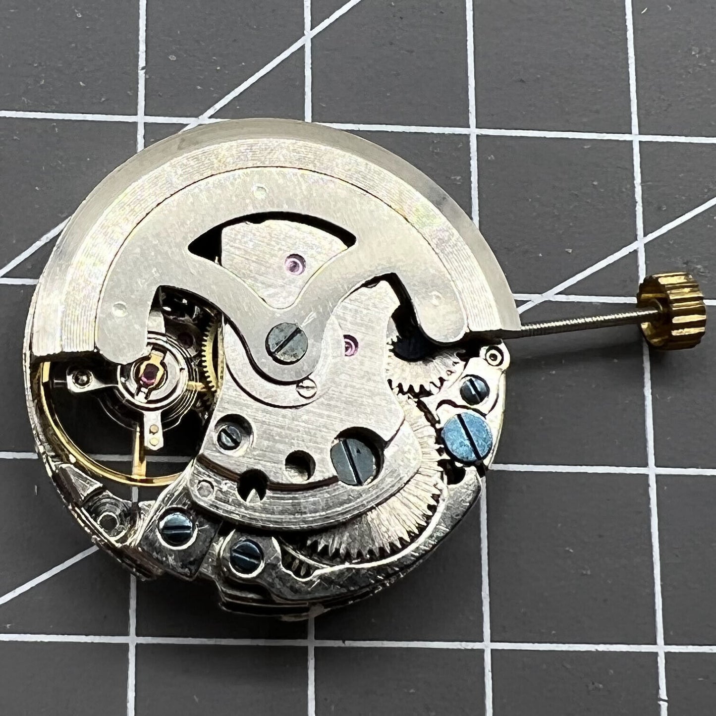 DANDONG 26.5mm silver hollow automatic watch movement featuring detailed gears and mechanical precision.