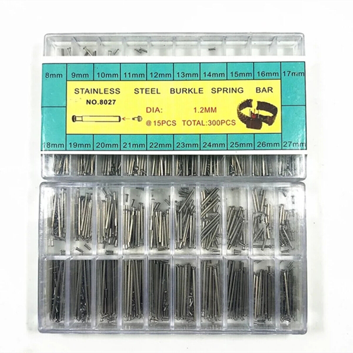 Stainless steel buckle spring bars kit, 1.2mm diameter, 300pcs for Dia watch repairs.