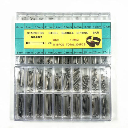 Stainless steel buckle spring bars kit, 1.2mm diameter, 300pcs for Dia watch repairs.