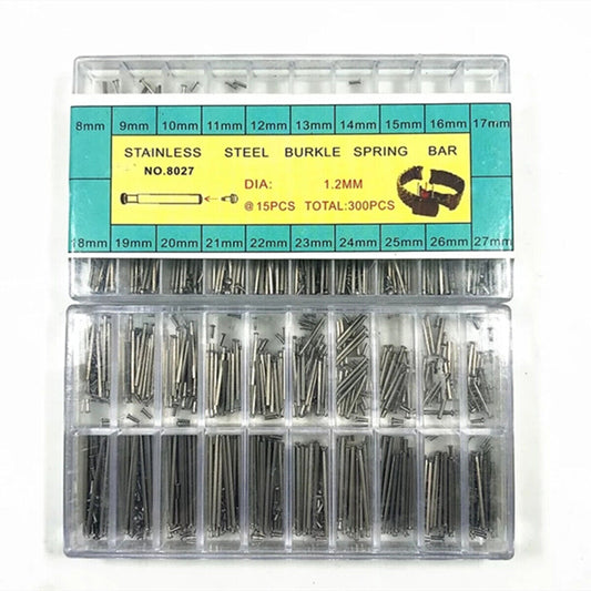 Stainless steel buckle spring bars kit, 1.2mm diameter, 300pcs for Dia watch repairs.