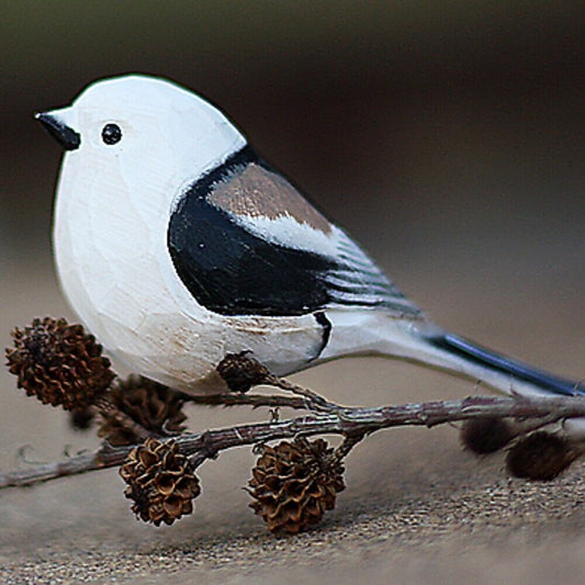 Handcrafted Long-tailed Tit wooden figurine, perfect decorative collectible for nature lovers.