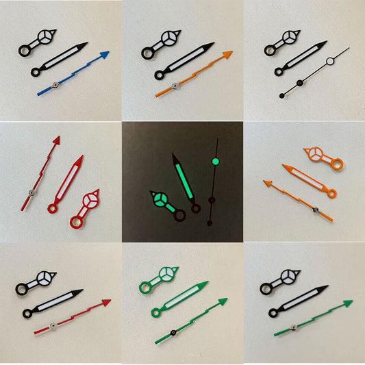 Green luminous watch hands set for NH35 NH36 movement, including lightening second hands.