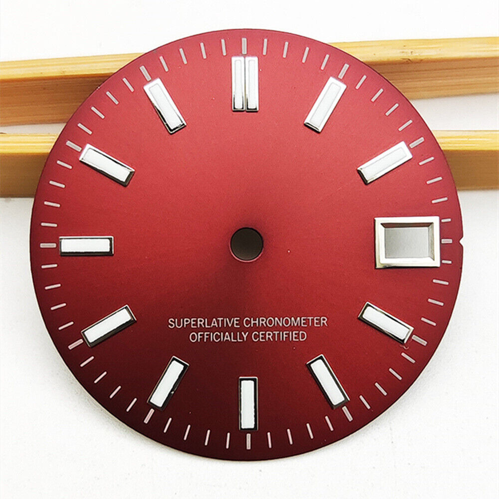 Green luminous metal polished red watch dial for NH35 movement, ideal for custom timepieces.