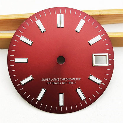 Green luminous metal polished red watch dial for NH35 movement, ideal for custom timepieces.