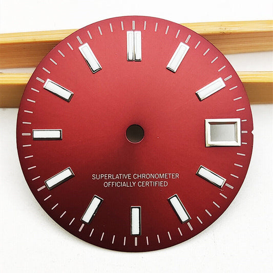 Green luminous metal polished red watch dial for NH35 movement, ideal for custom timepieces.