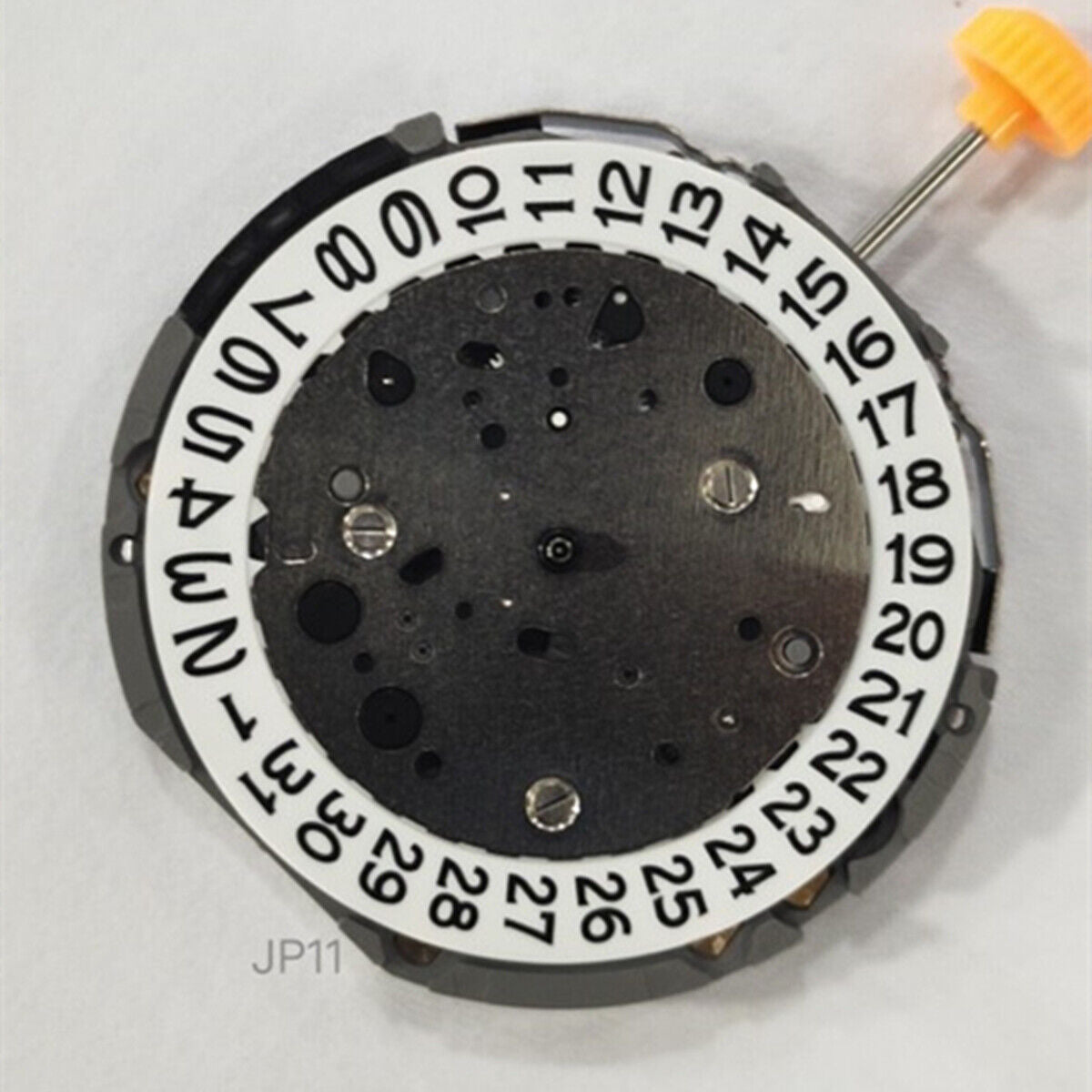 Miyota JP11 quartz watch movement with date display at 3 o'clock, precise timekeeping.