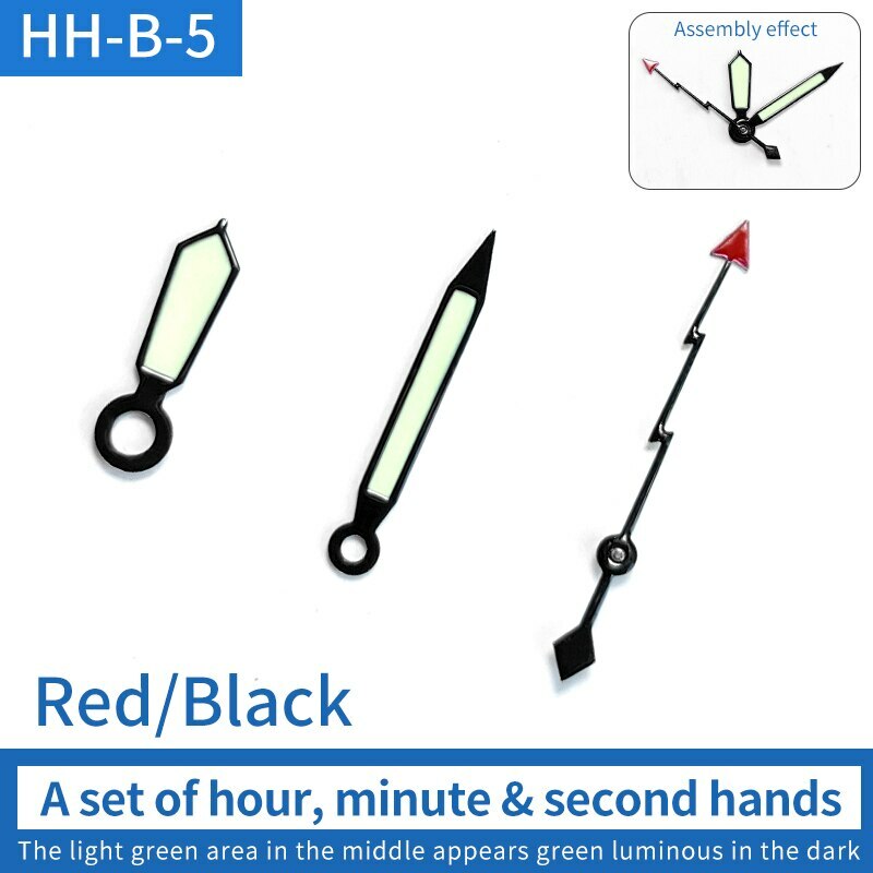 Luminous green watch hands set for NH35/NH36 movement, ideal for watch repair precision.