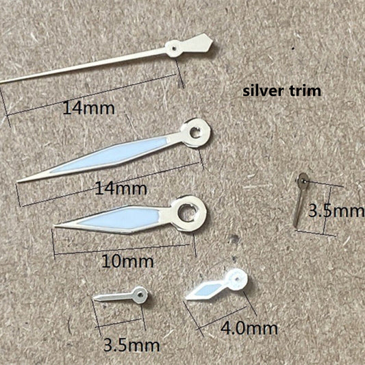 Green luminous 14mm watch hands with silver trim for PE70 movement watch accessories.