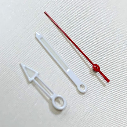 White and red hollow watch hands set for NH35/NH36 movement, precise and stylish accessory.
