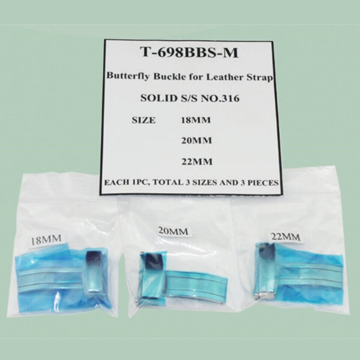 Set of 3 stainless steel butterfly buckles, 18-22mm, for men's leather watch straps, ideal for repairs.