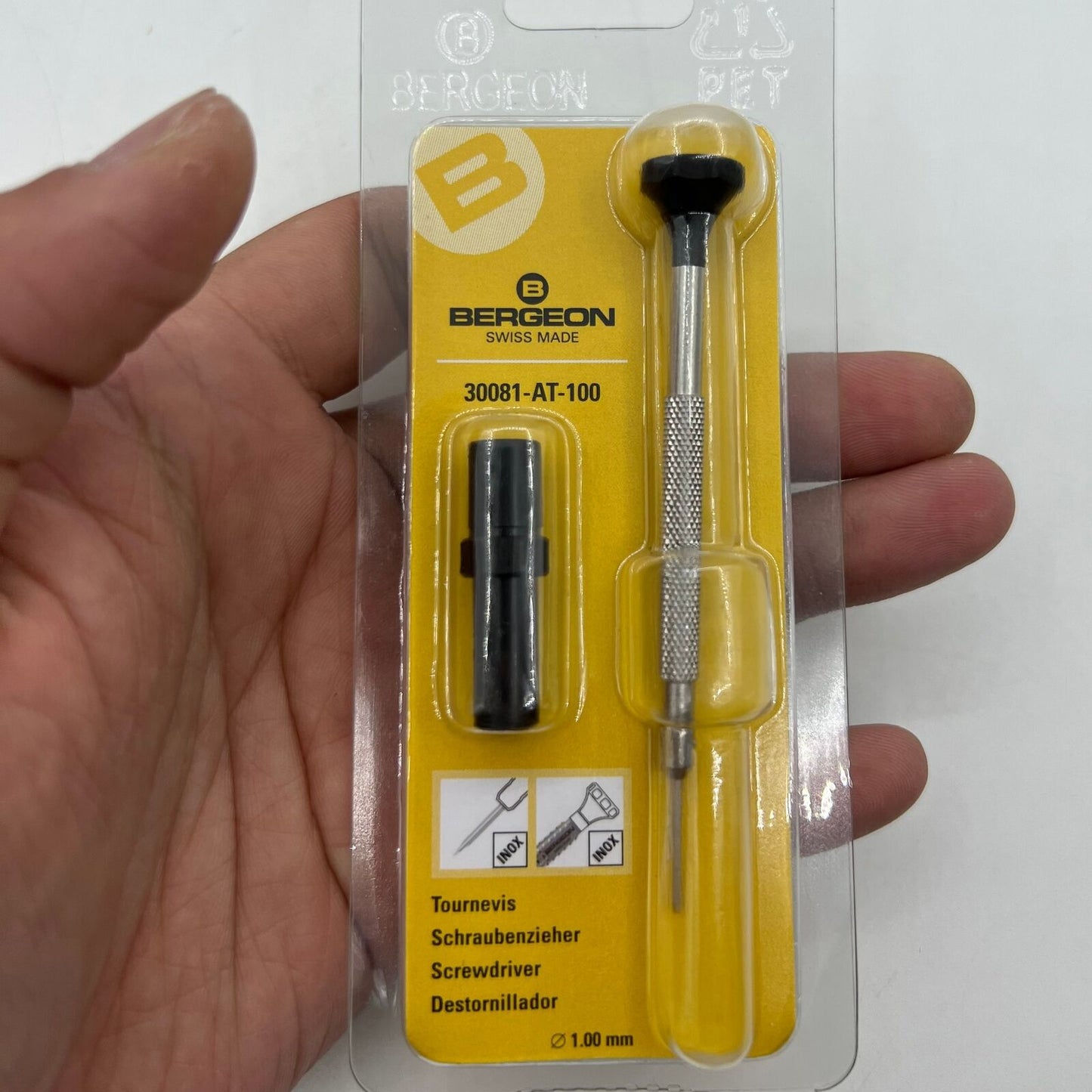 Bergeon 30081-AT-100 ergonomic 1.00mm screwdriver with spare blades for precision watch repairs.