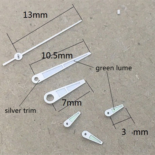Silver trim small second hand with green lume for Epson VD53-VD57 watch movements.