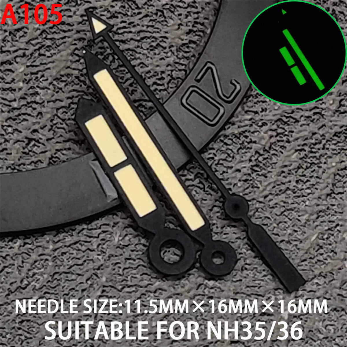 Green lume yellow arrow watch hands with black trim, designed for NH35/36 movements.