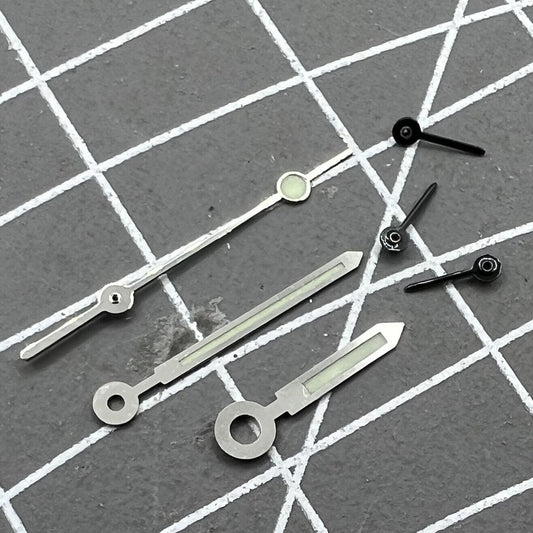 Silver trim green lume watch hands for Miyota OS10 movement, precise and luminous accessory.