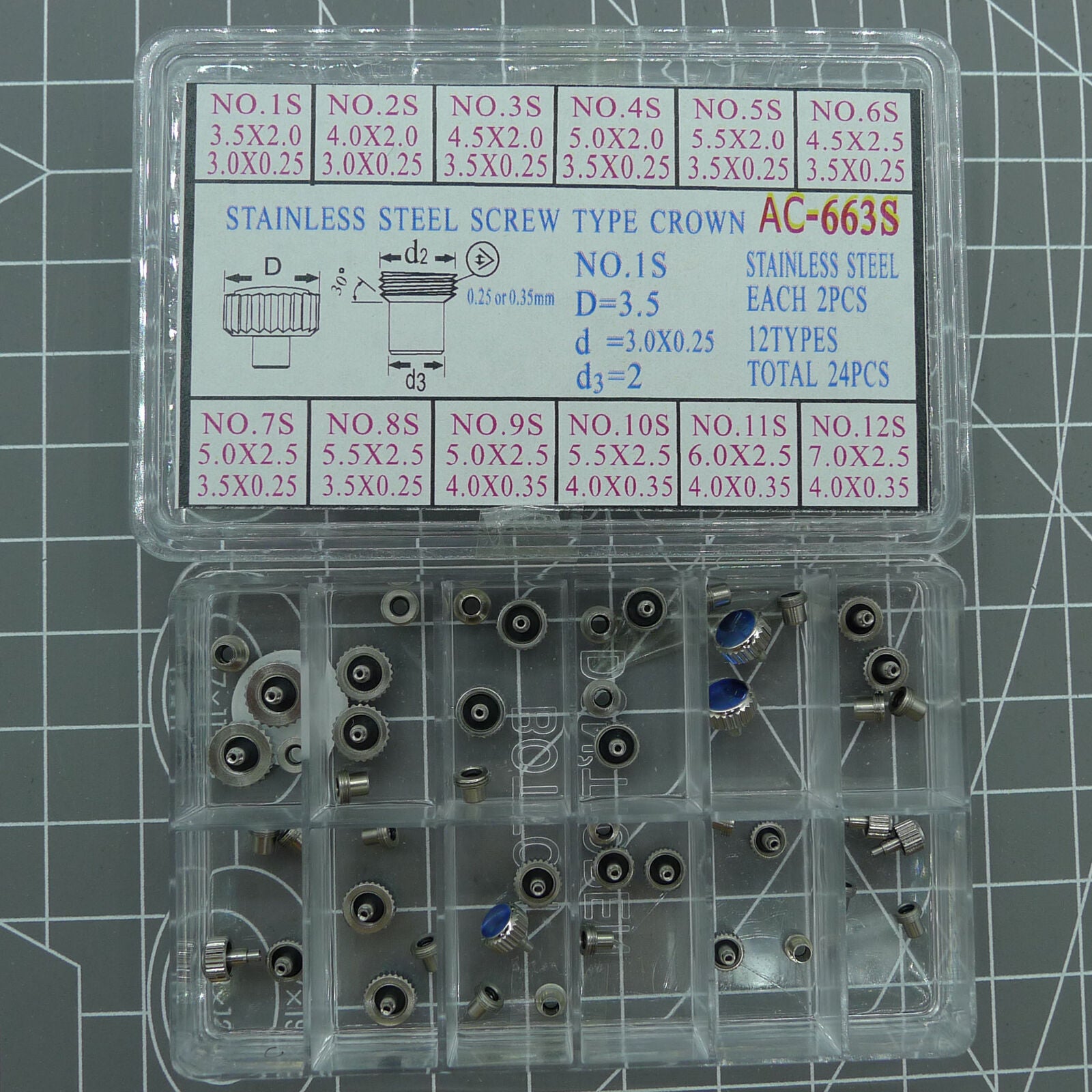 Set of 24 AC-663S stainless steel screw type crowns for watch repairs, durable and precise.