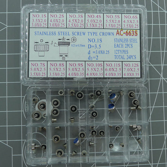 Set of 24 AC-663S stainless steel screw type crowns for watch repairs, durable and precise.
