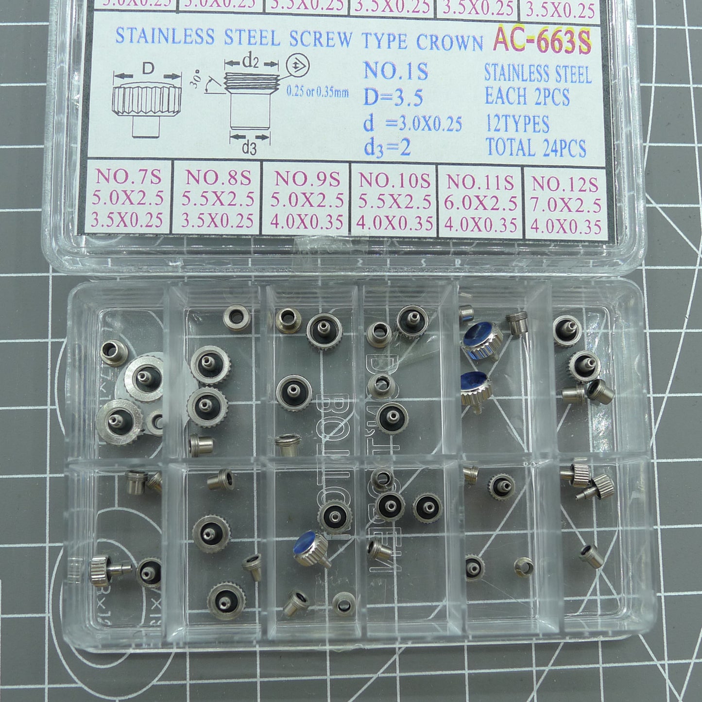 AC-663S stainless steel screw type crown set, 24 durable watch repair pieces